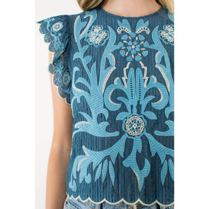 Embroidered Flutter Sleeve Scallop Top