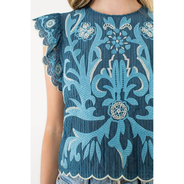 Embroidered Flutter Sleeve Scallop Top