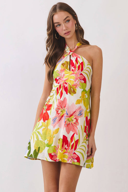 Tropical Floral Print Halter Mini Dress