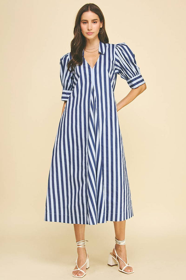 Striped V-neck Midi Dress - Pink/Lavender