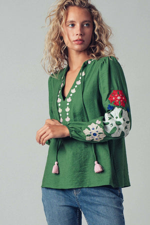 Embroidered Tassel Tie Blouse
