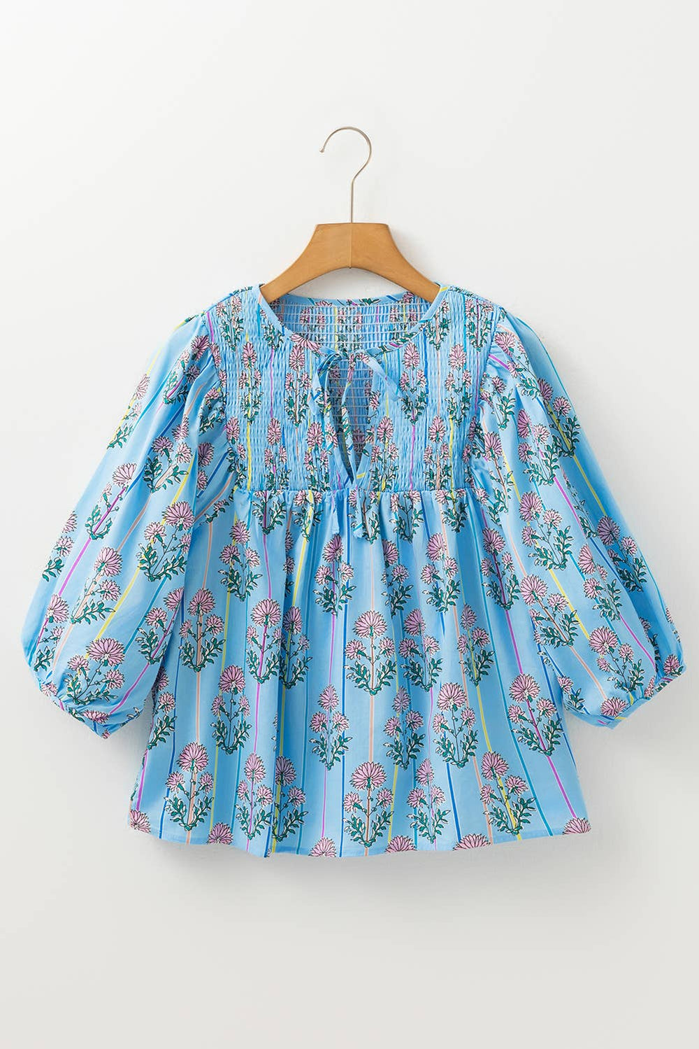 Floral Striped Print Shirred V Neck Blouse