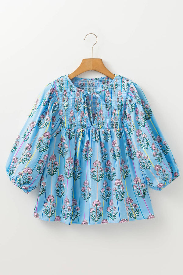 Floral Striped Print Shirred V Neck Blouse