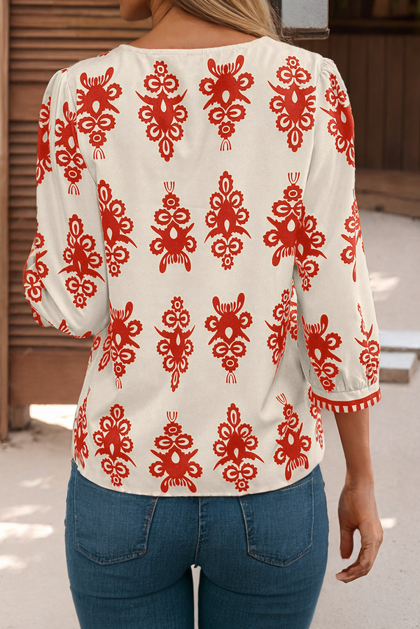 LDC Vintage Printed 3/4 Sleeve V Neck Blouse