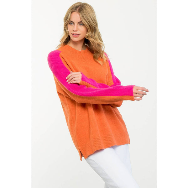 Orange/Hot Pink Colorblock Sleeve Sweater