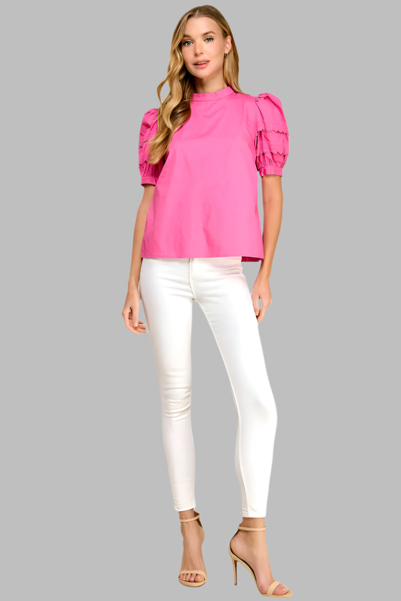 Puffed Sleeves Lace Detail Poplin Top