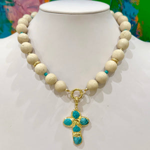 Turquoise Cross + Fossil Jasper Necklace