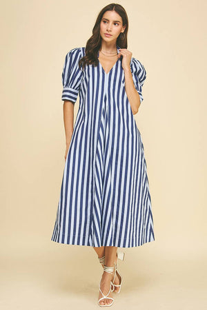 Striped V-neck Midi Dress - Pink/Lavender