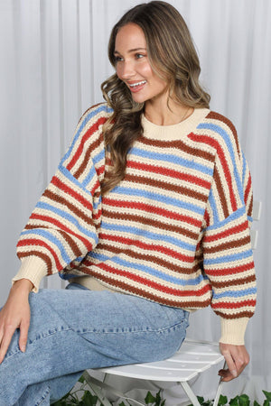 Textured Multi Stripe Crew Neck Knitted Sweater