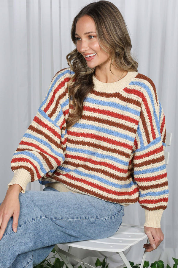 Textured Multi Stripe Crew Neck Knitted Sweater