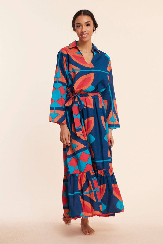 Ilaria Navy Abstract Multicolor Fall Resort Maxi Dress