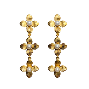 Bloom Gold & Pearl Triple Earrings