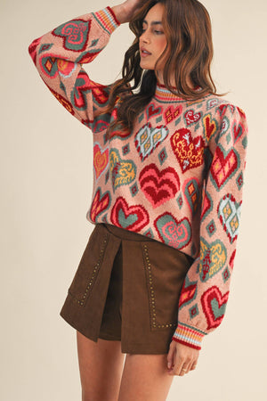 Heart pattern pullover sweater