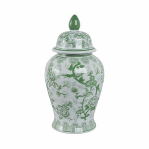 Ceramic Bird Flower Decorative Temple Jar - Green, 18 in.