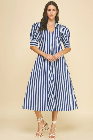 Striped V-neck Midi Dress - Pink/Lavender