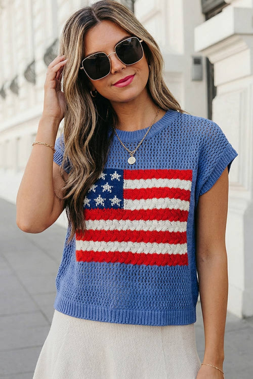 USA Flag Graphic Short Sleeve Sweater Top