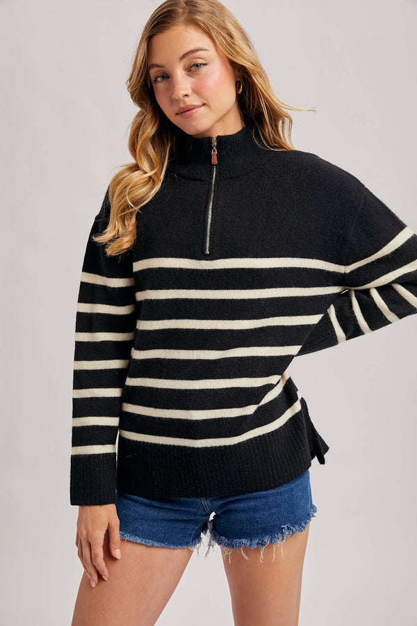 Black/White Quarter Zip UP Striped Pullover