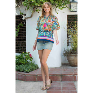 Smocked Shoulder Tassel Tie Print Top