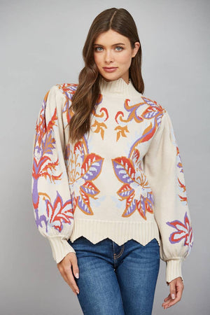 Floral and Leaf Motif Jacquard Sweater