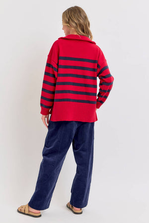 Stripe Knit Zip-Front Oversized Knit Sweater