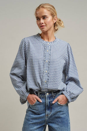 Navy Windowpane Check Ruffle Placket Cotton Blouse