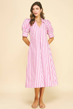 Striped V-neck Midi Dress - Pink/Lavender