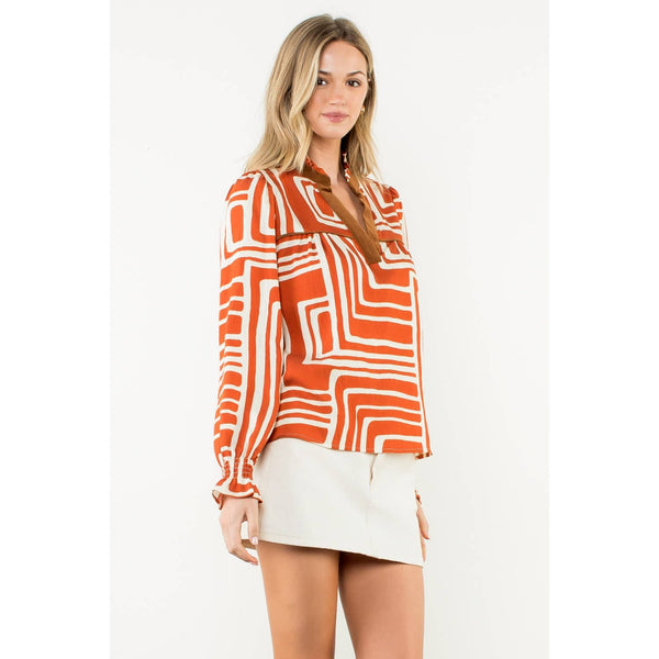 Abstract Print Long Sleeve V-Neck Top
