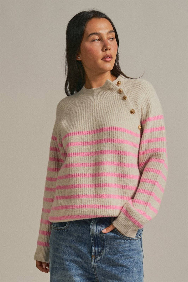 Striped Mock Neck Sweater with Gold Buttons