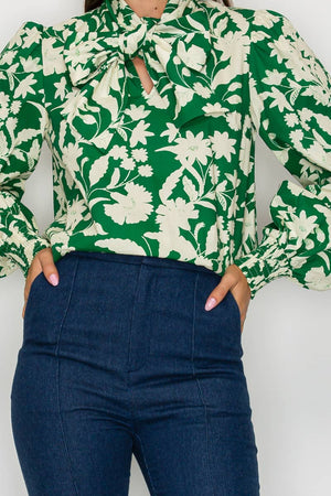 Rich Green Jacobean Print Bow Tie  Blouse