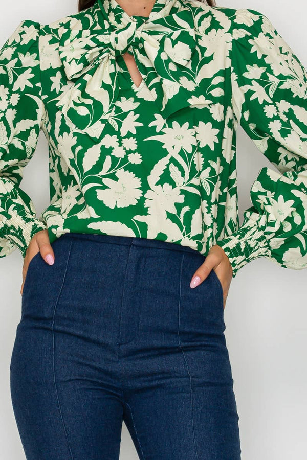 Rich Green Jacobean Print Bow Tie  Blouse