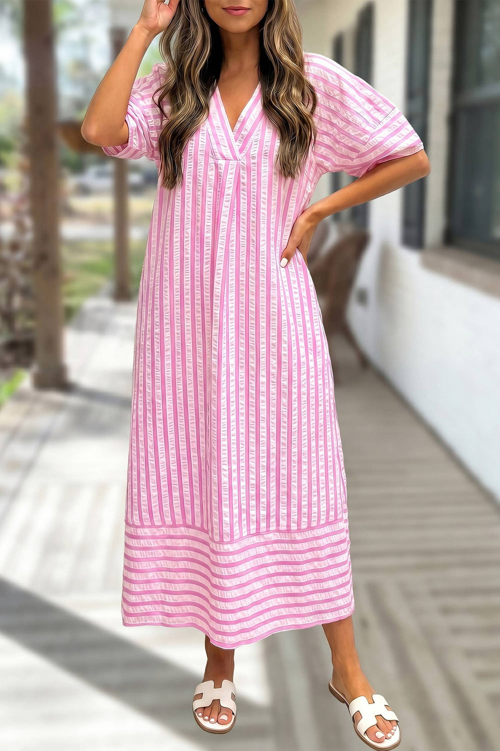 Striped Print V Neck Short Sleeve Shift Maxi Dress