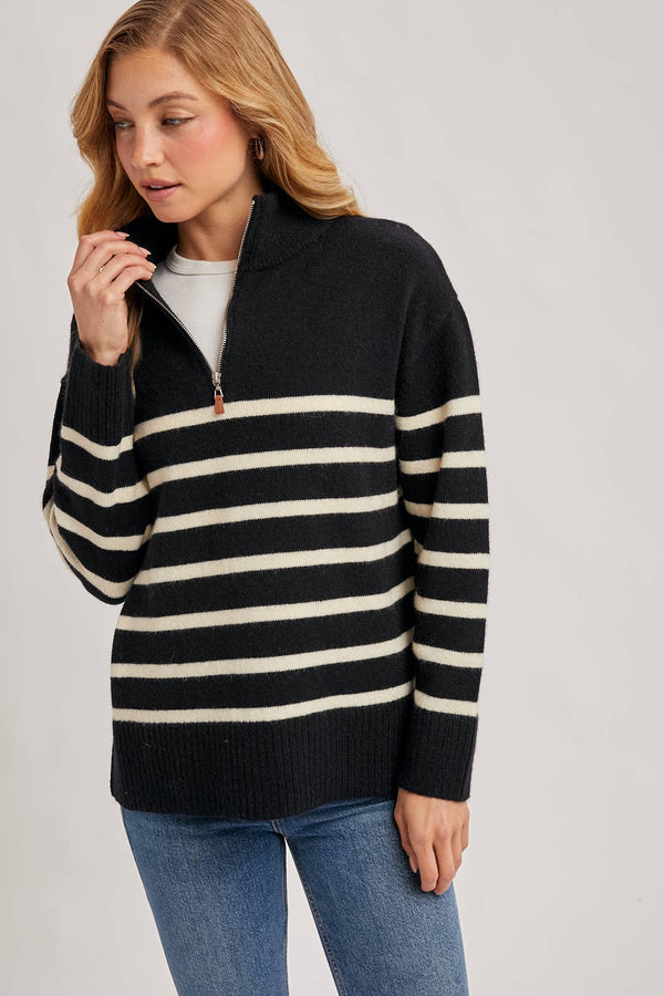 Black/White Quarter Zip UP Striped Pullover