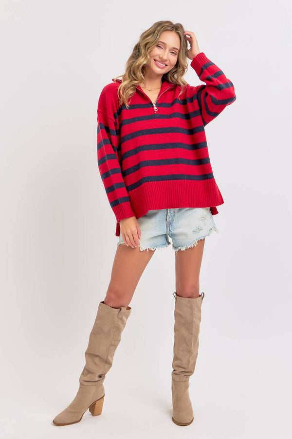 Stripe Knit Zip-Front Oversized Knit Sweater