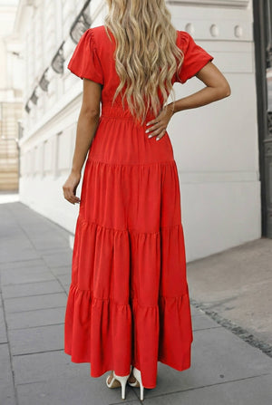 Solid V Neck Short Puff Sleeve Tiered Maxi Dress