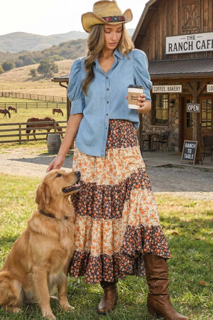 Collared Puff-Sleeve Chambray Denim