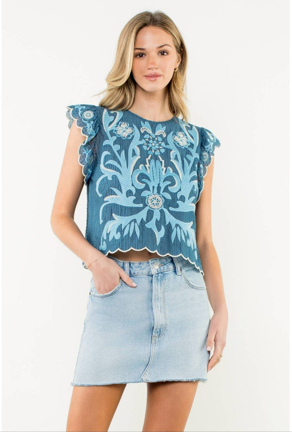 Embroidered Flutter Sleeve Scallop Top