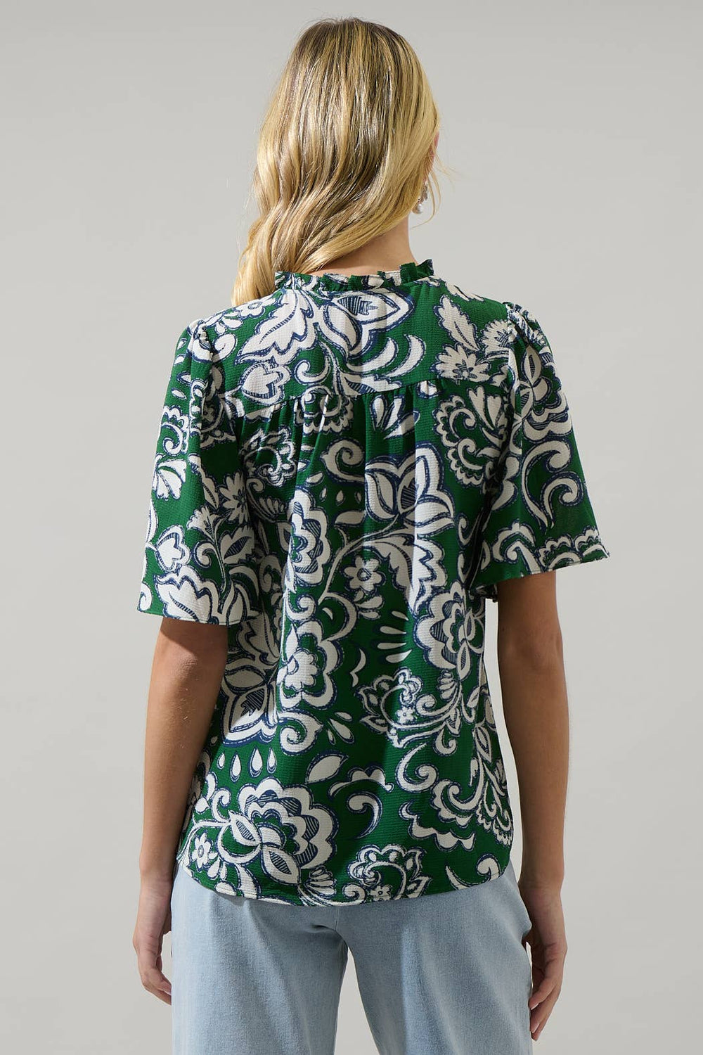 Harriet Floral Ruffle Split Neck Dupont Top