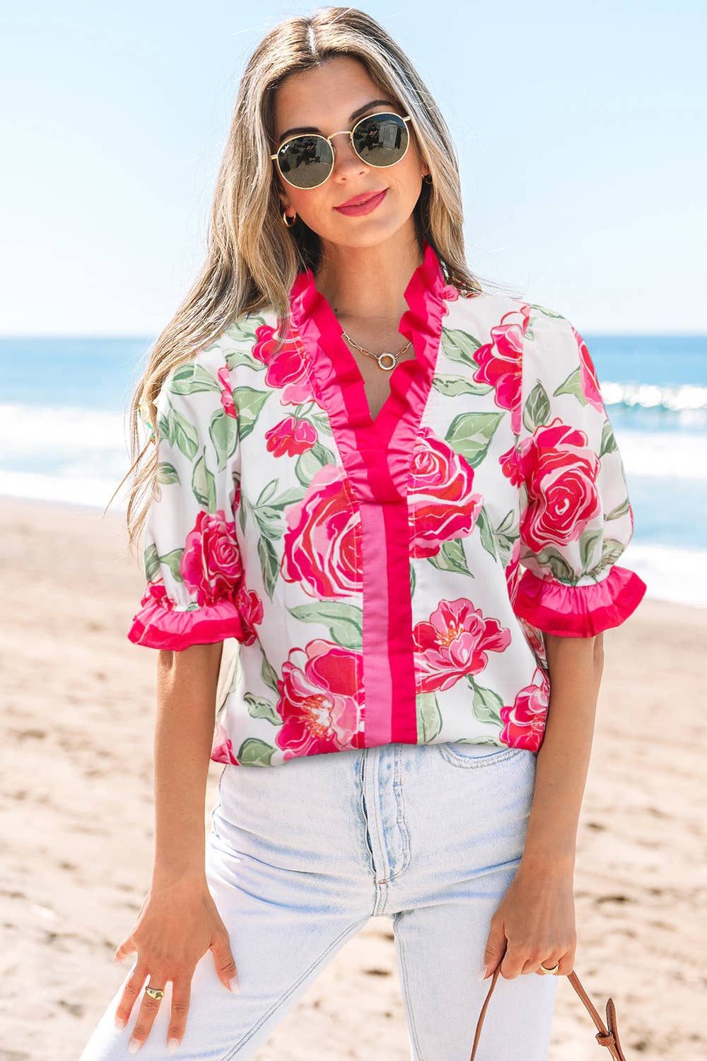 Colorblock Ruffle Floral Print Short Sleeve Top
