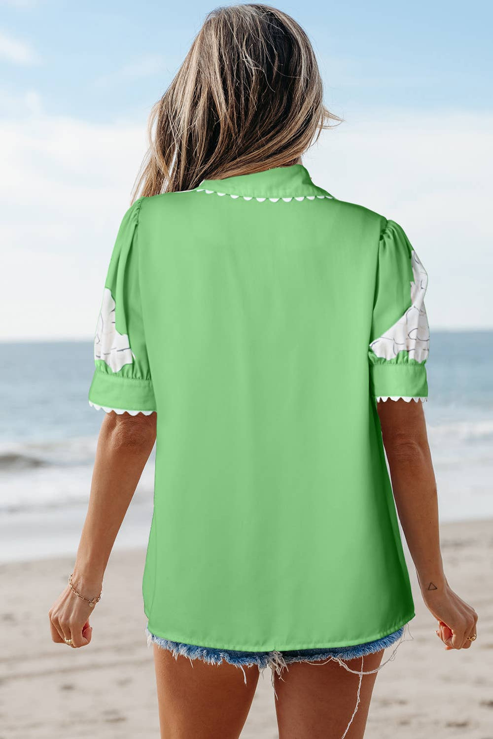 Floral Ric Rac Edge Puff Sleeve Button Up To