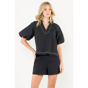 Contrast Stitch Puff Sleeve V-Neck Top