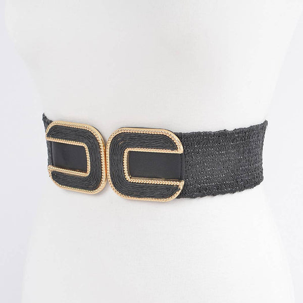 Faux Straw Two Buckles Elastic Belt