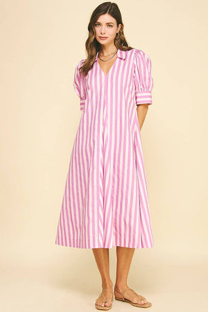 Striped V-neck Midi Dress - Pink/Lavender