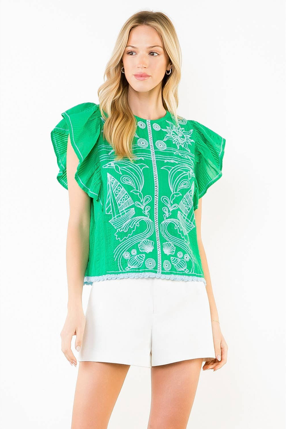 Ruffle Sleeves Embroidery Detail Top
