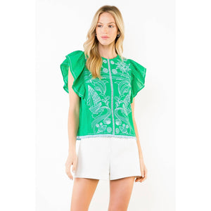 Ruffle Sleeves Embroidery Detail Top