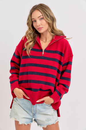 Stripe Knit Zip-Front Oversized Knit Sweater