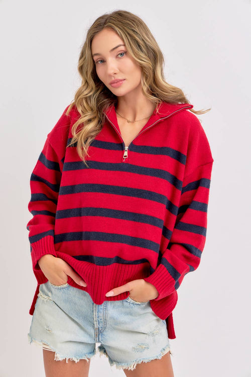 Stripe Knit Zip-Front Oversized Knit Sweater