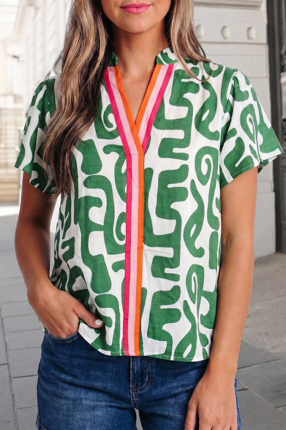 Abstract Striped Trim V Neck Short Sleeve Blouse