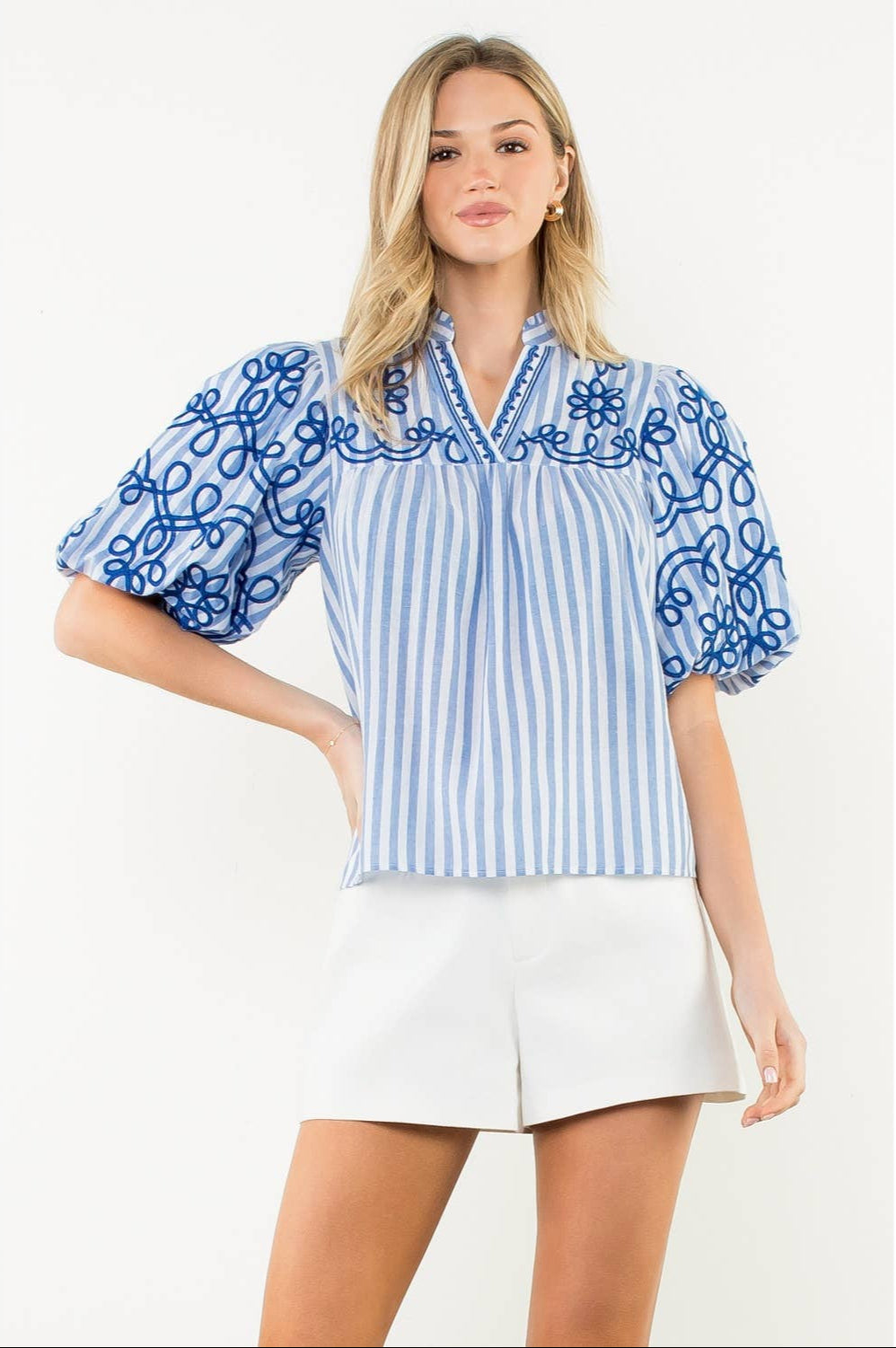 Puff Sleeve Striped Embroidered Top