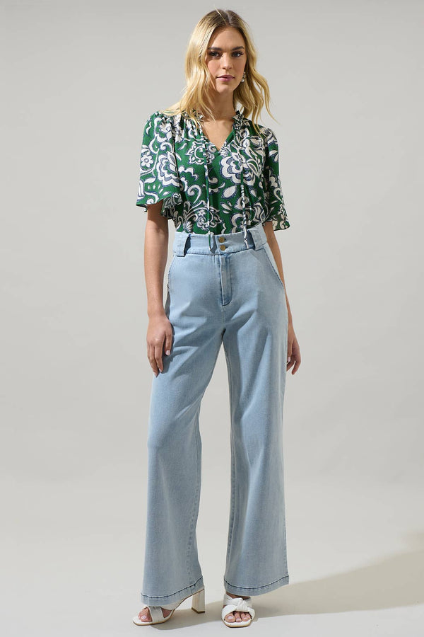 Harriet Floral Ruffle Split Neck Dupont Top