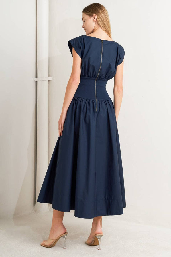 A Solid Woven Midi Dress - Navy